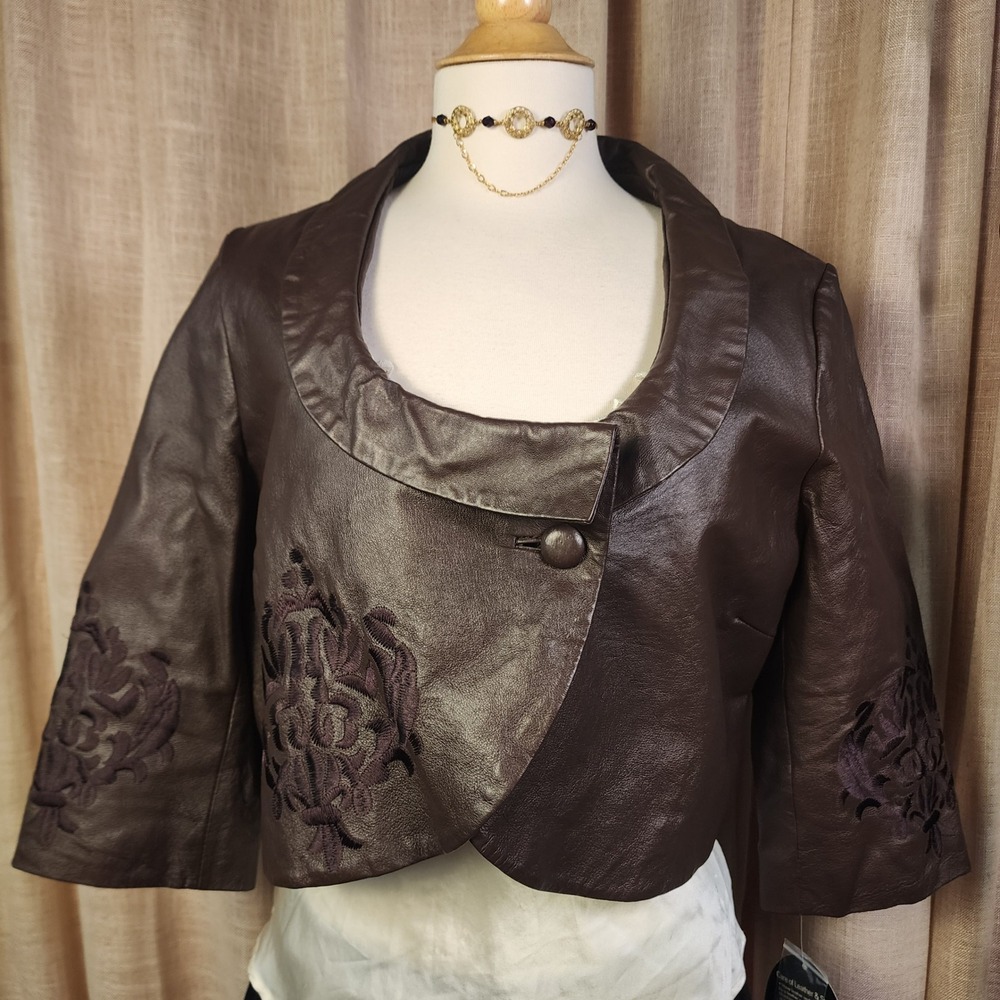Newport News Brown Leather Jacket 16 Embroidered Cropped Bolero Y2K